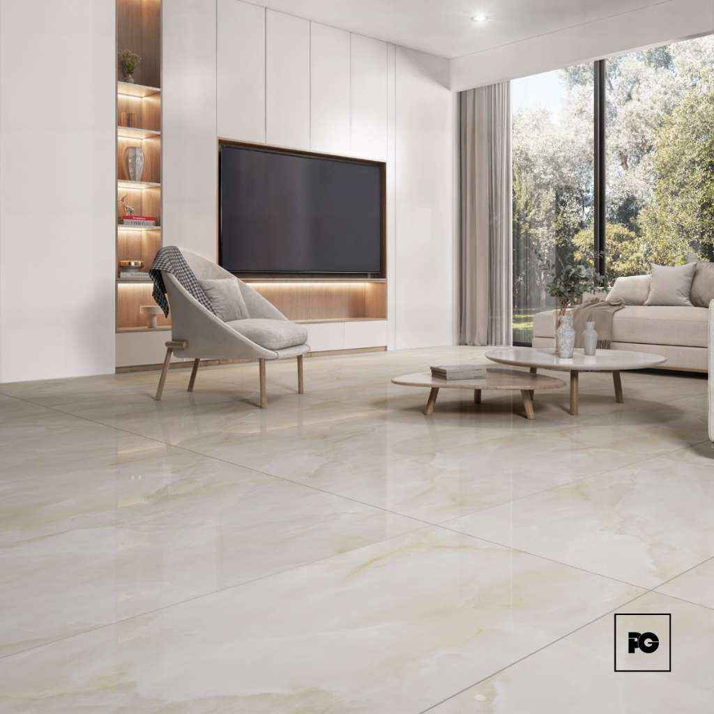 Piso porcelánico Fiore rectificado brillante tipo mármol beige 60x120. - Imagen 2