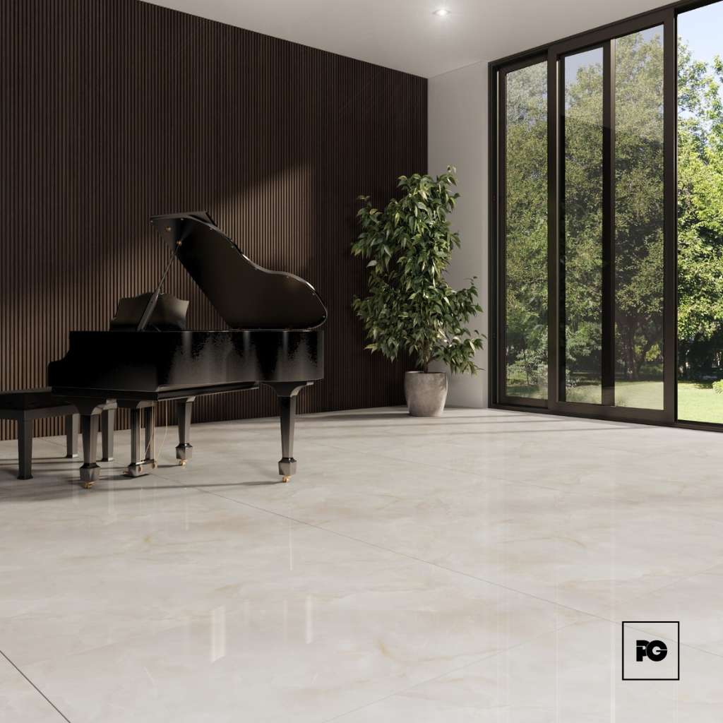 Piso porcelánico Fiore rectificado brillante tipo mármol beige 60x120. - Imagen 3