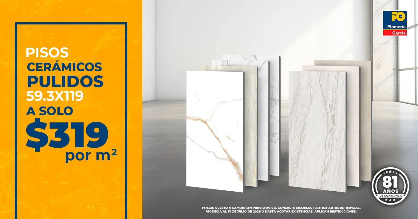 Promotional display with an orange panel advertising polished ceramic floors and a price per m², showing marble tile samples lined up on the right in a showroom.