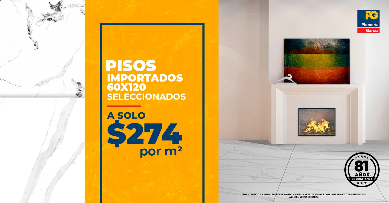 Ad banner promoting imported 60x120 floors for 274 per m², shown in a modern living room with a fireplace.