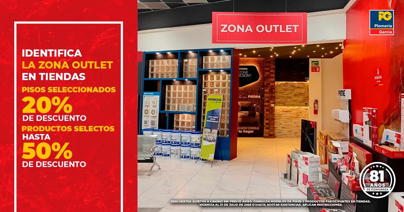 Banner publicitario rojo anunciando la zona outlet y descuentos de hasta 50% en productos seleccionados dentro de una tienda de hogar.