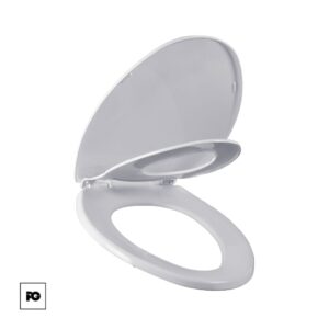 Asiento de plástico alargado con adaptador infantil, color blanco, frente cerrado con tapa.