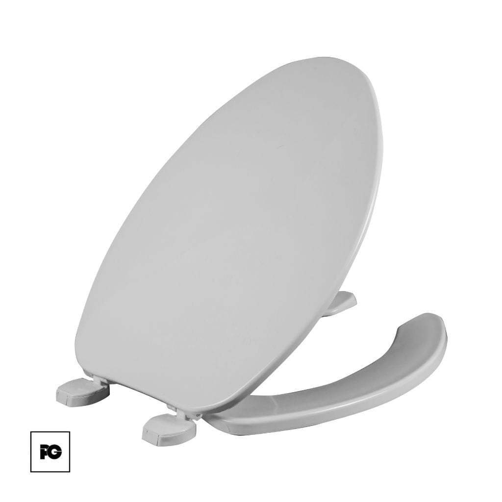 Asiento de plástico alargado, color blanco, frente abierto con tapa. - Imagen 3