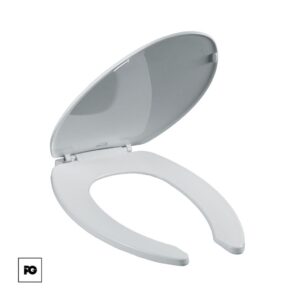 Asiento de plástico alargado, color blanco, frente abierto con tapa.