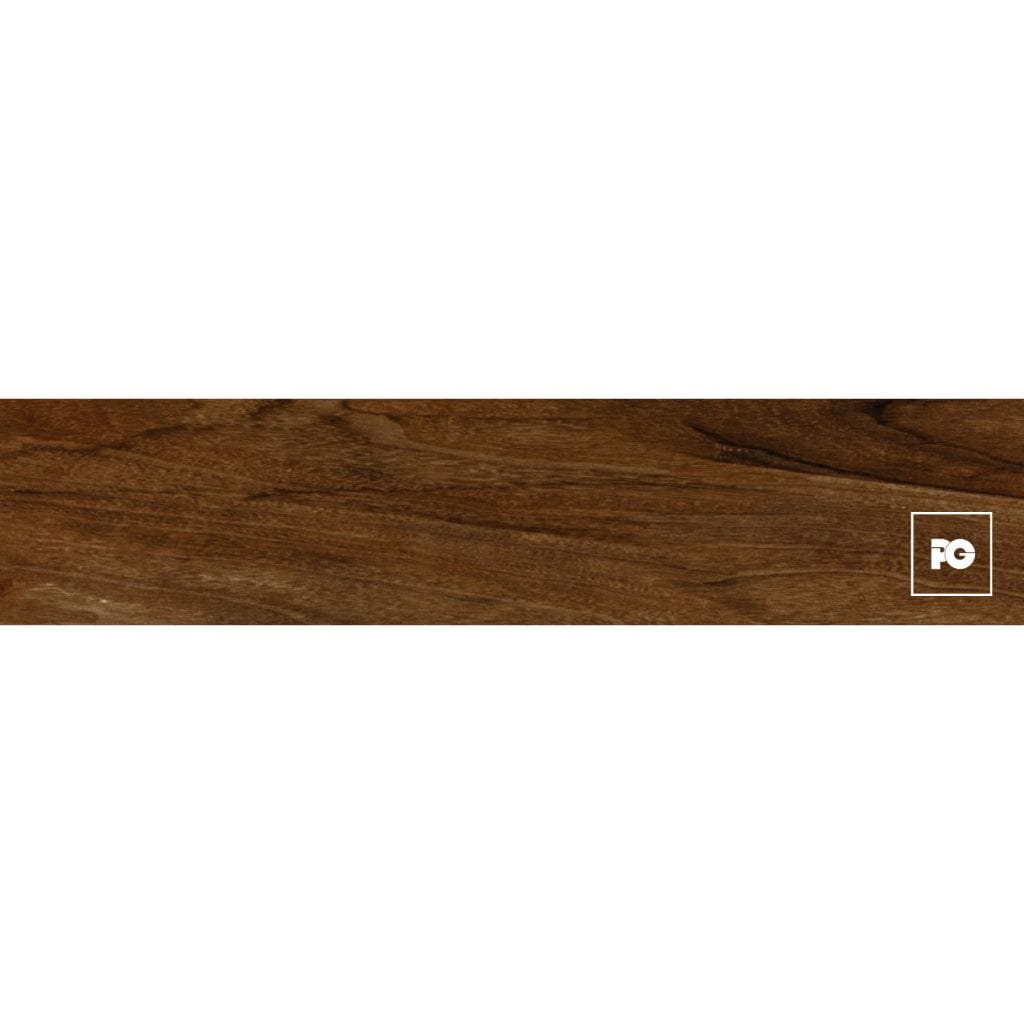 Piso cerámico tipo madera color nogal formato 20x90, modelo Villawood.