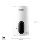 White vertical water heater with a black oval front access panel and calorex logo near the top.