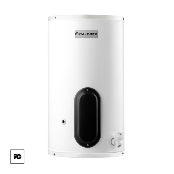 White vertical calorex water heater/storage tank with a black oval access panel on the front and bottom fittings visible.