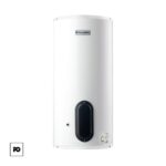 White vertical water heater with black oval access panel and bottom valve; calorex brand.