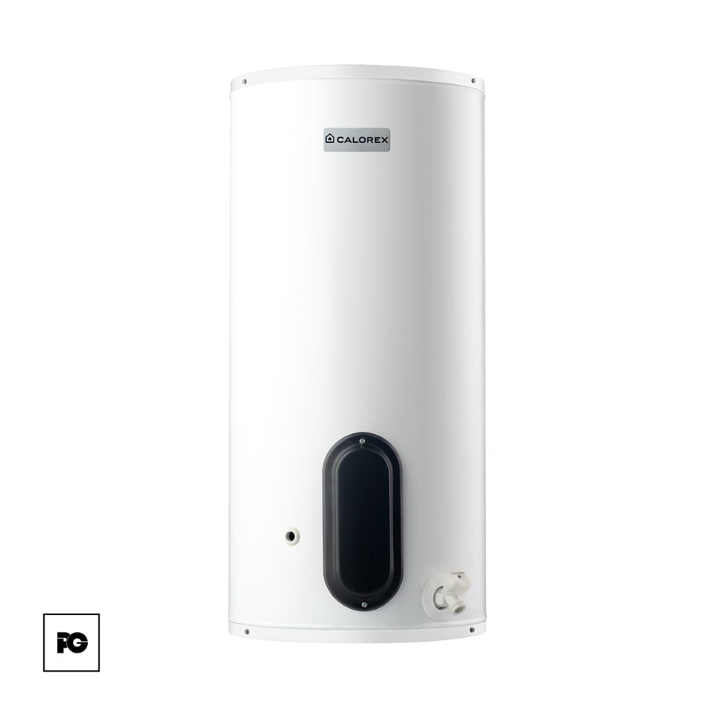 White vertical water heater with black oval access panel and bottom valve; Calorex brand.