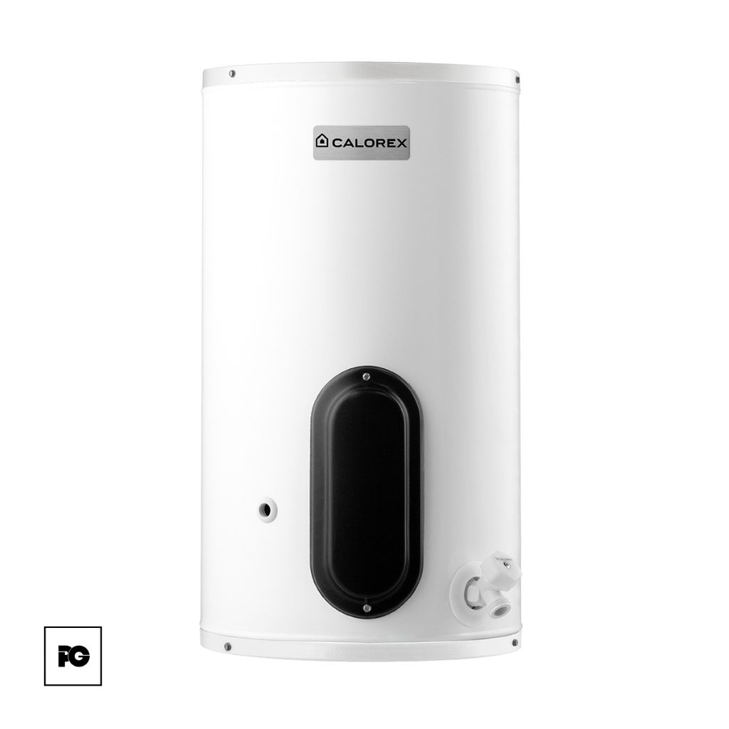 White vertical storage water heater with Calorex branding, featuring a black front access panel and a bottom-right drain valve.