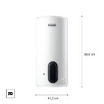 White cylindrical water heater with a black oval access panel at the base and a calorex logo; dimensions show 88. 6 cm tall and 41. 3 cm in diameter.
