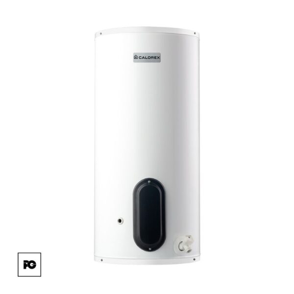White tall storage water heater with a black oval access panel near the base and a calorex logo above it.