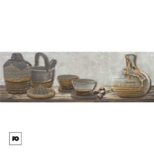 Rustic display of gray–blue ceramic pottery: bowls