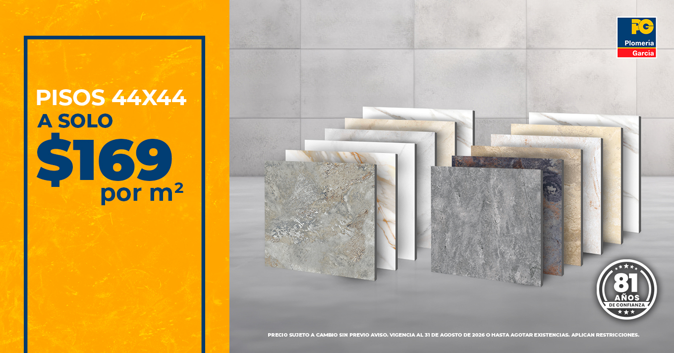 Promotional banner for 44x44 floor tiles: 'a solo $169 por m²' on an orange panel, with sample tiles fanned on the right.