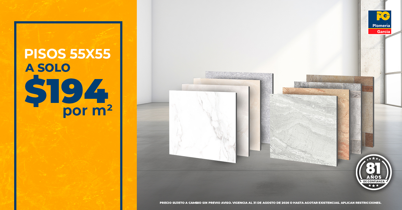 Promotional banner for 55x55 tiles priced at $194 per m²; orange panel on left, tile samples displayed on the right in a showroom setting.