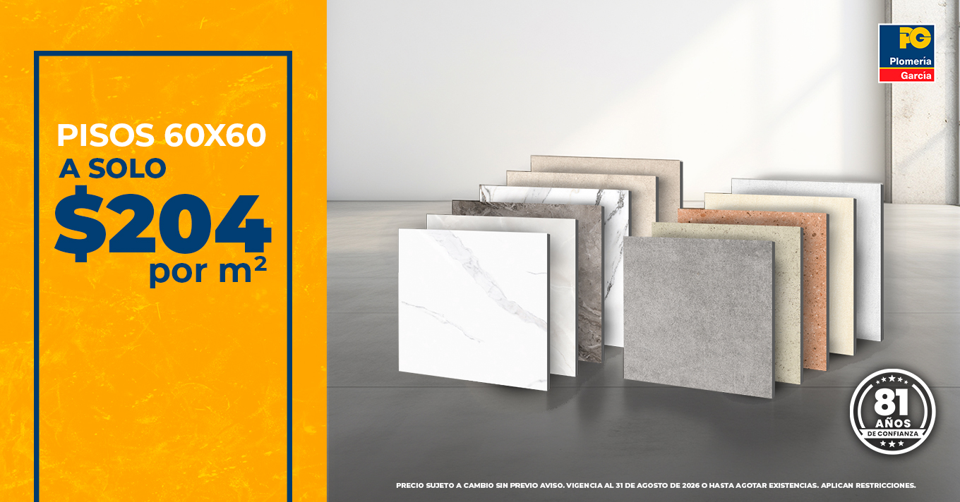 Promotional banner for 60x60 floors: price $204 per m², orange panel on left with bold text; tile samples displayed on right.
