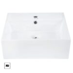White rectangular ceramic bathroom sink with a central drain and a predrilled faucet hole at the back edge.
