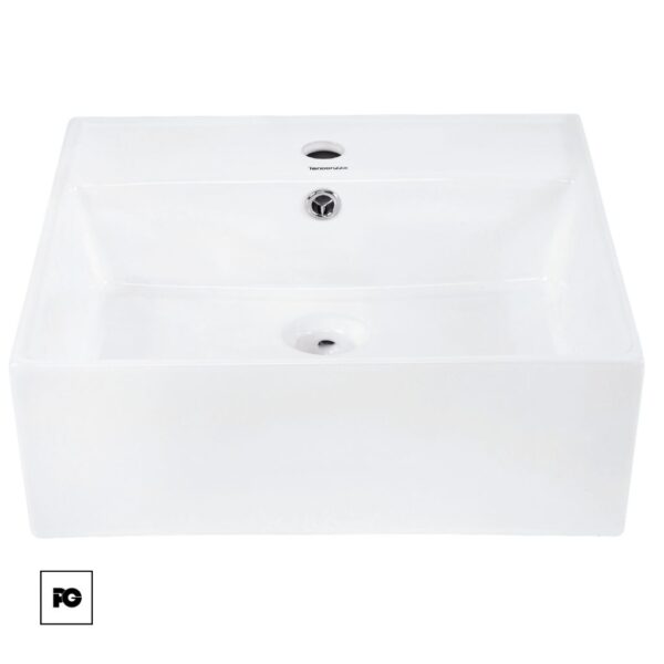 White rectangular ceramic bathroom sink with a central drain and a predrilled faucet hole at the back edge.