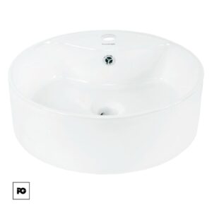 Round white vessel sink with a modern silver faucet on a dark countertop