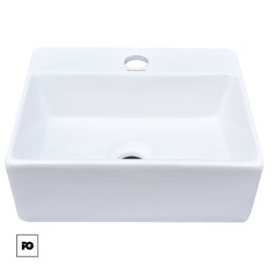 White rectangular bathroom sink basin with a rear faucet hole and a central drain inside the basin.
