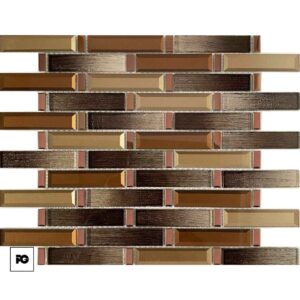 Decorative brown and bronze glass mosaic tile backsplash with staggered rectangular pieces and light grout.