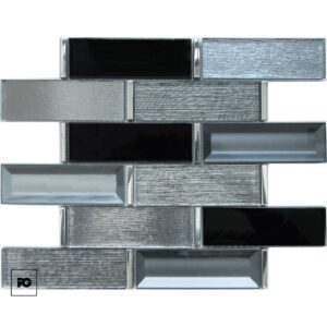 Rectangular metal and glass backsplash tiles in a staggered brick pattern with brushed and glossy finishes in silver-gray tones.