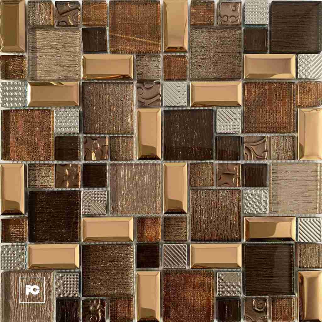 A close-up of a metal mosaic tile wall with brown