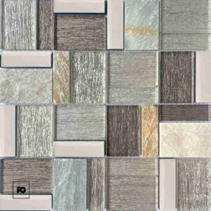 Close-up of a tile mosaic with varied textured rectangles in gray