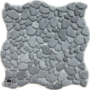 Square pillow covered with smooth gray pebbles arranged in a mosaic