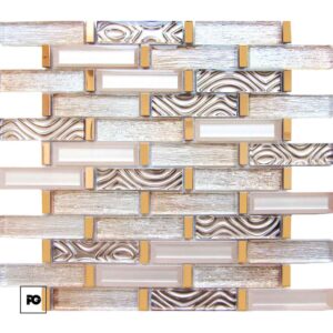 Decorative tile wall with alternating gray wood-textured bricks and glossy glass bricks with swirling patterns