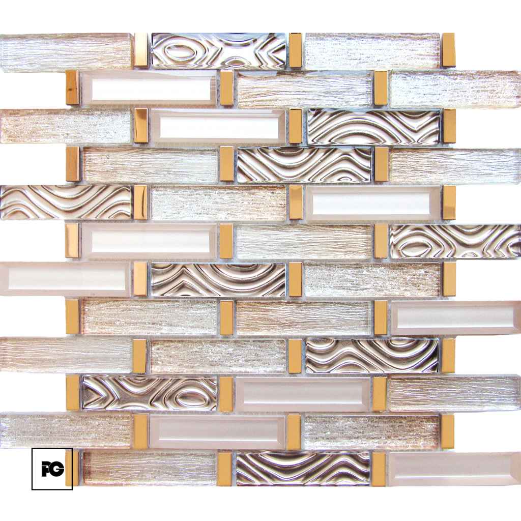 Decorative tile wall with alternating gray wood-textured bricks and glossy glass bricks with swirling patterns