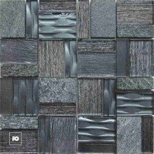 Close-up of a dark gray stone tile mosaic with varied textures—smooth