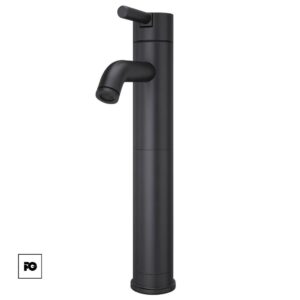 Matte black freestanding bathroom faucet with a vertical cylinder base and a curved spout extending from the side