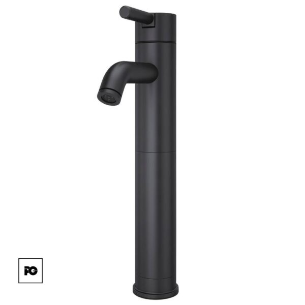 Monomando alto para lavabo contempra negro mate-pfister-ok | Plomería García Matte black freestanding bathroom faucet with a vertical cylinder base and a curved spout extending from the side, plus a small lever on top.