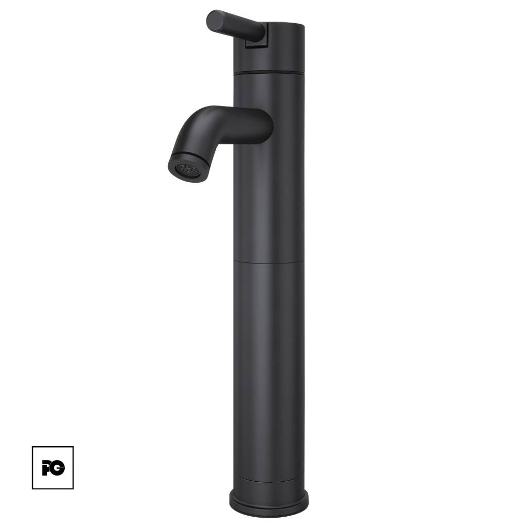 Matte black freestanding bathroom faucet with a vertical cylinder base and a curved spout extending from the side, plus a small lever on top.