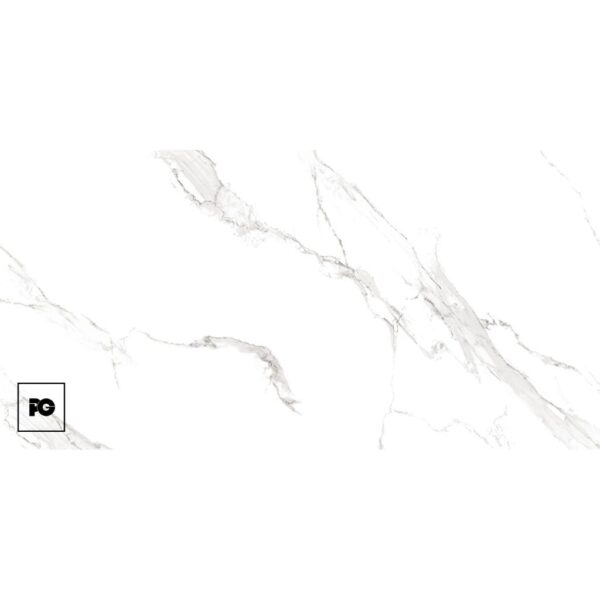 Piso porcelánico tipo mármol blanco brillante colossale 80 × 160 cm-tendenzza-ok | Plomería García White marble texture with light gray veins and a small pg logo in a bordered square at the bottom-left corner