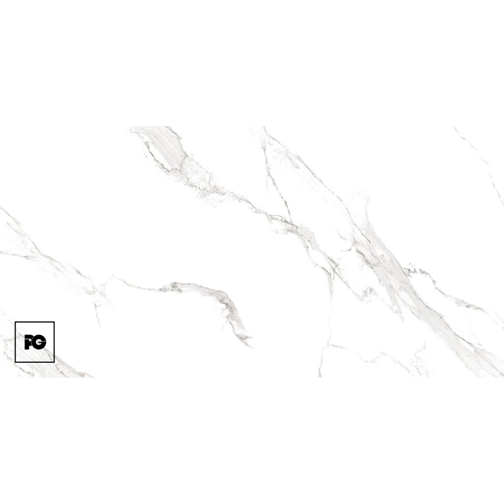 White marble texture with light gray veins and a small PG logo in a bordered square at the bottom-left corner