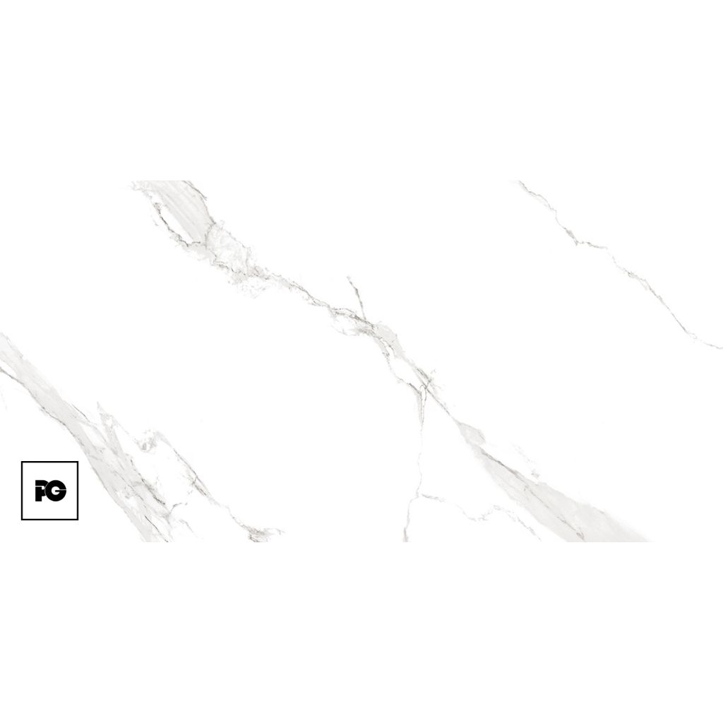 Piso porcelánico tipo mármol blanco mate colossale 80 × 160 cm-tendenzza-ok | Plomería García White marble texture with subtle gray veins and a small fg logo in the bottom-left corner.
