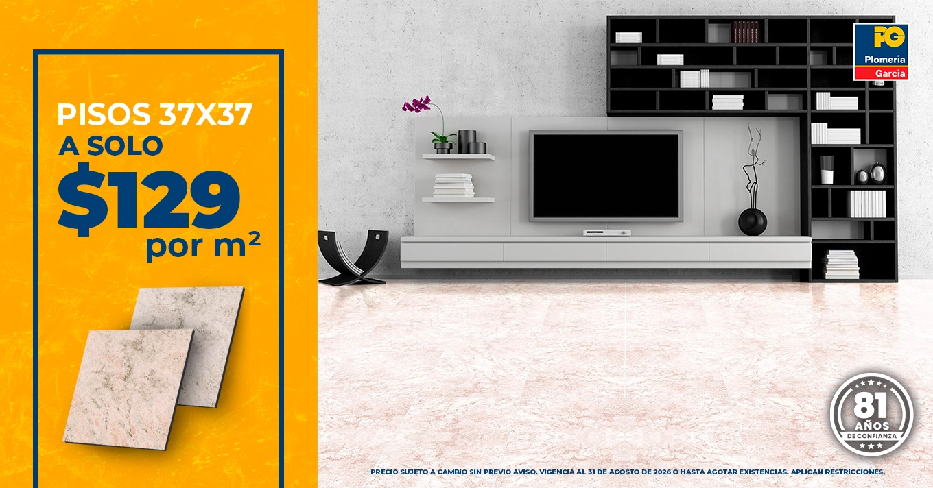 Panel publicitario naranja con oferta de pisos 37x37 a solo $129 por m² y muestras de baldosa en la esquina inferior izquierda; diseño moderno de interior al fondo.