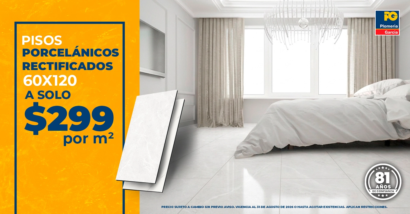 Advertisement for rectified porcelain floors 60x120 at $299 per m², shown beside a white bedroom with a bright yellow promo panel on the left.
