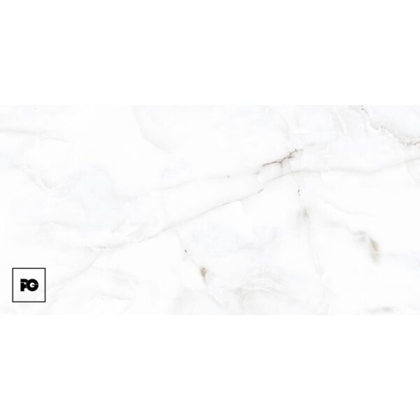 White marble texture with subtle gray veins and a small black pg square logo in the bottom-left corner.