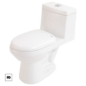 White porcelain toilet with tank and closed lid on a white background