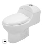 White ceramic toilet with a closed lid and top-flush button, shown from a side angle.