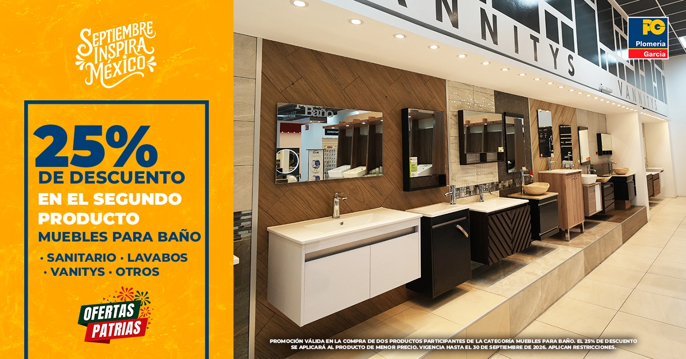 Bright orange promotional panel advertising 25% off the second bathroom furniture product, shown beside a row of bathroom vanities and sinks in a showroom.